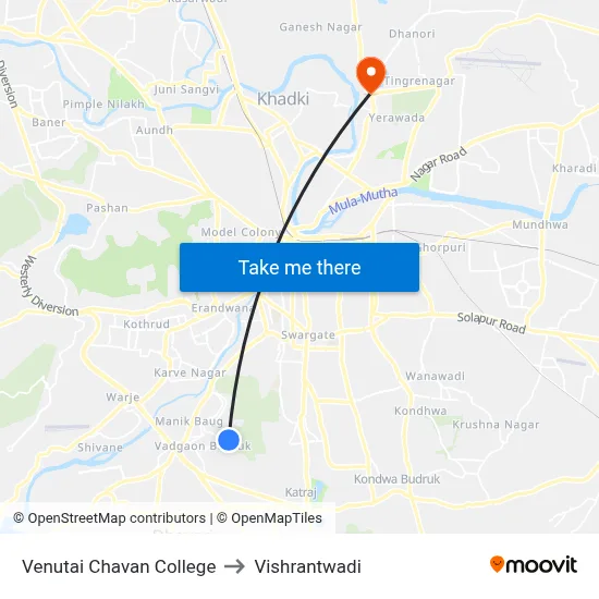 वेणूताई चव्हाण कॉलेज to विश्रांतवाडी map