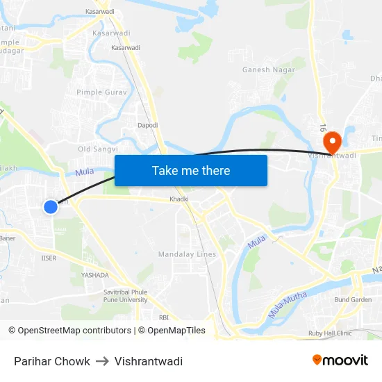 परिहार चौक to विश्रांतवाडी map