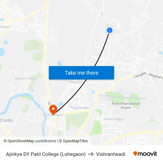 अजिंक्य डीवाय पाटील कॉलेज (लोहगाव) to विश्रांतवाडी map