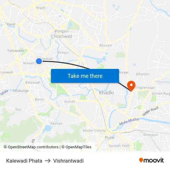 कालेवाड़ी फाटा to विश्रांतवाडी map