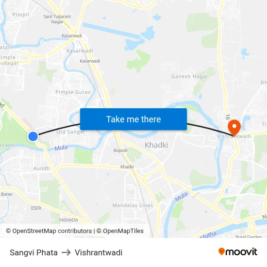 सांगवी फाटा to विश्रांतवाडी map