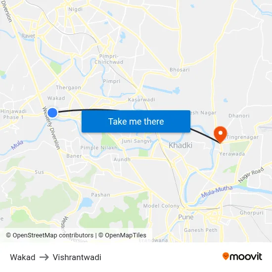 वाकड to विश्रांतवाडी map