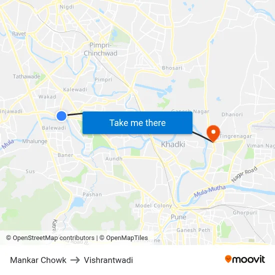 मानकर चौक to विश्रांतवाडी map