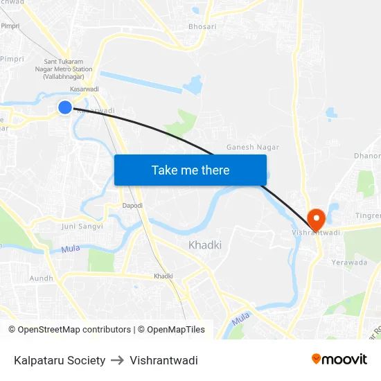 कल्पतरु सोसायटी to विश्रांतवाडी map