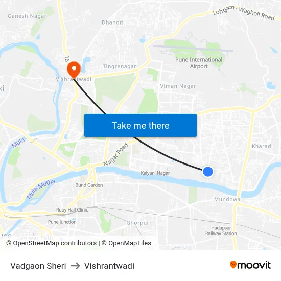 वडगाव शेरी to विश्रांतवाडी map