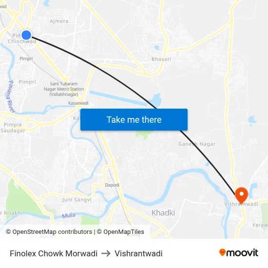 फिनोलेक्स चौक मोरवाड़ी to विश्रांतवाडी map