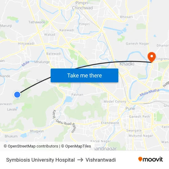 सिम्बायोसिस यूनिवर्सिटी हॉस्पिटल to विश्रांतवाडी map