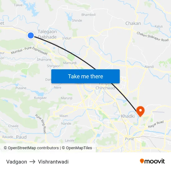 वडगाव to विश्रांतवाडी map