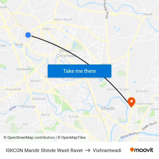इस्कॉन मंदिर शिंदे वस्ती रावेत to विश्रांतवाडी map