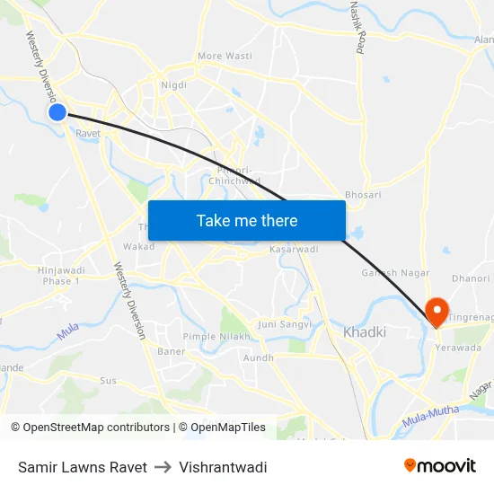 समीर लॉन्स रावेत to विश्रांतवाडी map