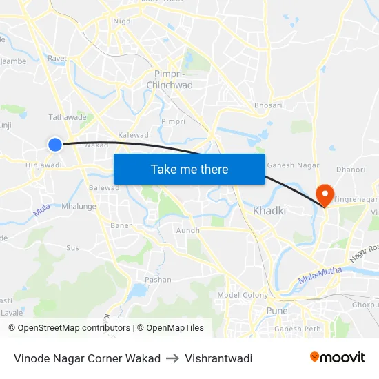 विनोद नगर कॉर्नर वाकड़ to विश्रांतवाडी map