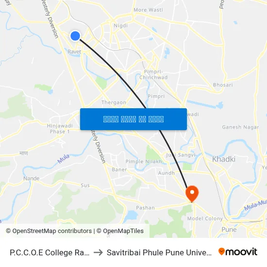 पी.सी.सी.ओ.ई कॉलेज रावेत to सावित्रीबाई फुले पुणे विश्वविद्यालय map