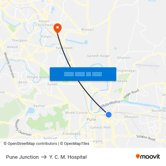 Pune Junction to Y. C. M. Hospital map