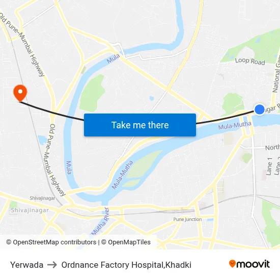 येरवडा to ऑर्डनेंस फैक्ट्री अस्पताल, खडकी map