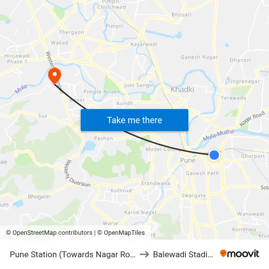 Pune Station (Towards Nagar Road) to Balewadi Stadium map