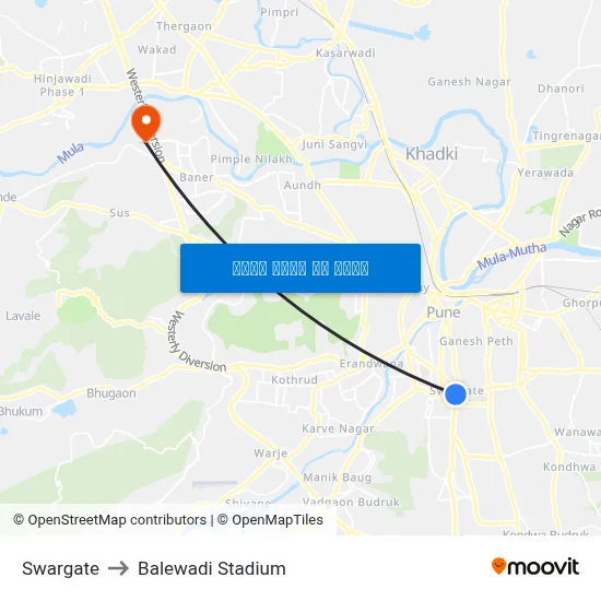 Swargate to Balewadi Stadium map