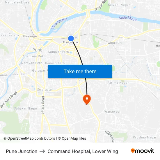Pune Junction to Command Hospital, Lower Wing map