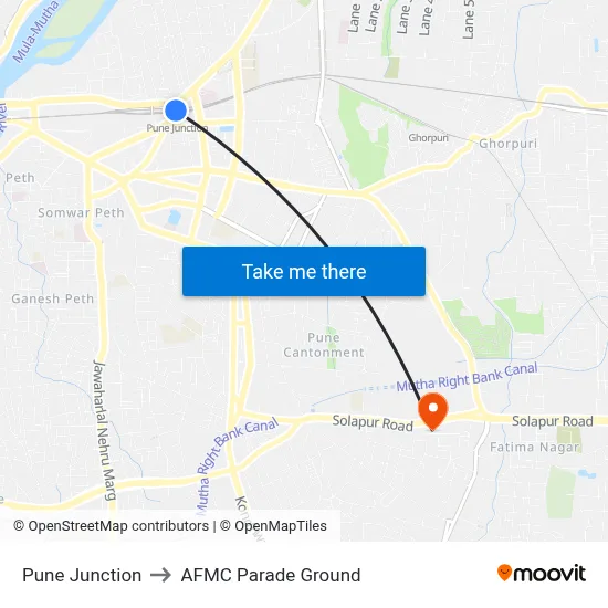 Pune Junction to AFMC Parade Ground map