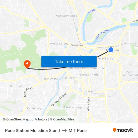 Pune Station Moledina Stand to MIT Pune map