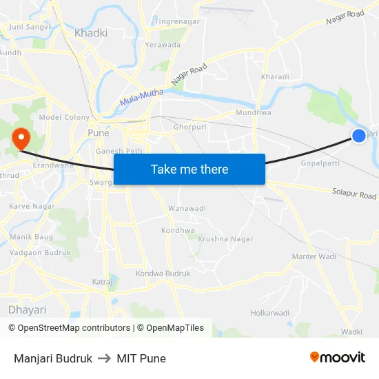 Manjari Budruk to MIT Pune map