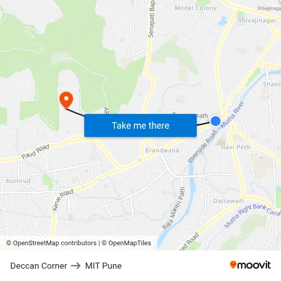 Deccan Corner to MIT Pune map