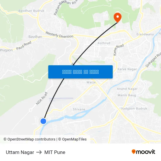 उत्तम नगर to एमआईटी पुणे map