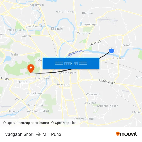 वडगाव शेरी to एमआईटी पुणे map