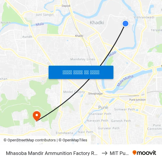 म्हसोबा मंदिर अम्युनिशन फैक्टरी रोड to एमआईटी पुणे map