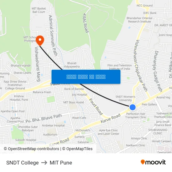एसएनडीटी कॉलेज to एमआईटी पुणे map