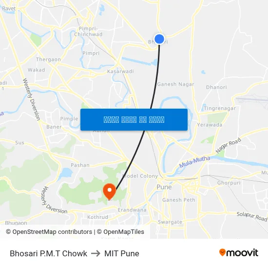 Bhosari P.M.T Chowk to MIT Pune map
