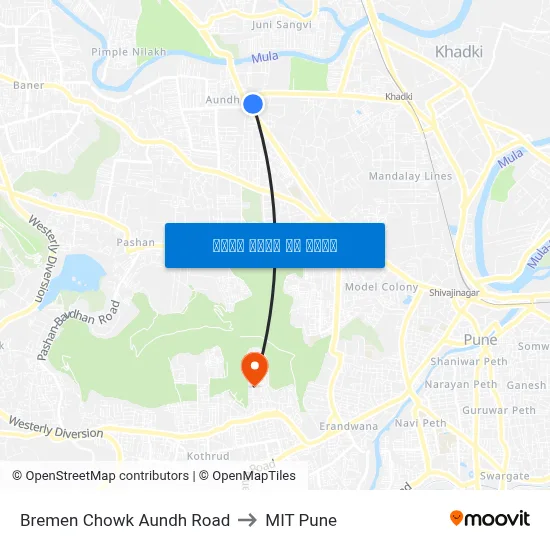 Bremen Chowk Aundh Road to MIT Pune map