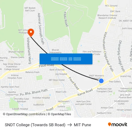 एसएनडीटी कॉलेज (एसबी रोड की ओर) to एमआईटी पुणे map