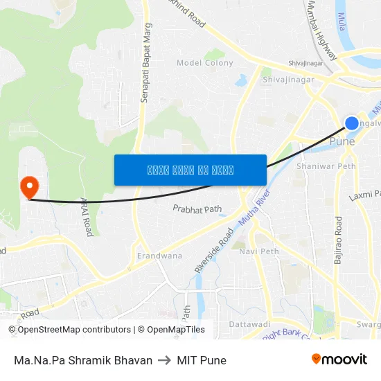 म.न.पा श्रमिक भवन to एमआईटी पुणे map
