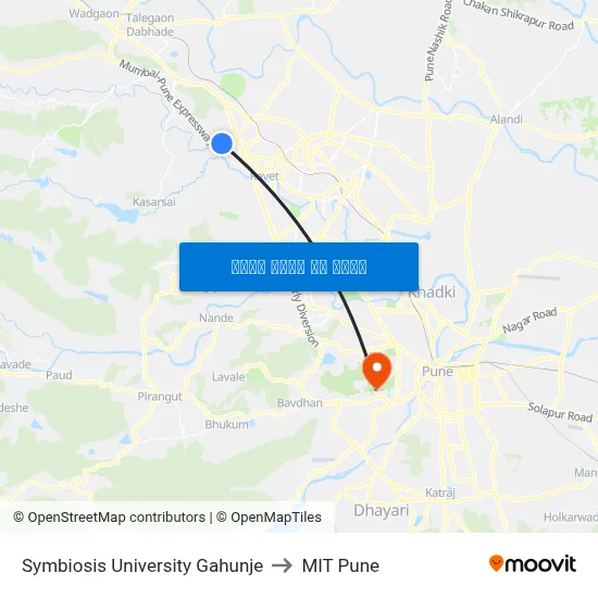 सिम्बायोसिस यूनिवर्सिटी गहुंजे to एमआईटी पुणे map