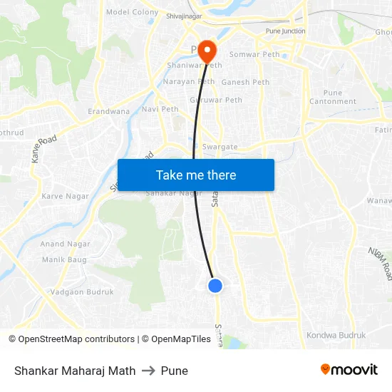 Shankar Maharaj Math to Pune map