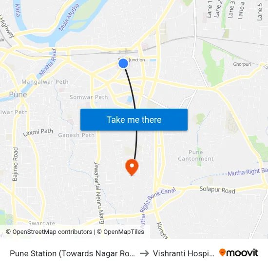 Pune Station (Towards Nagar Road) to Vishranti Hospital map