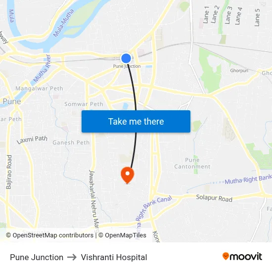 Pune Junction to Vishranti Hospital map
