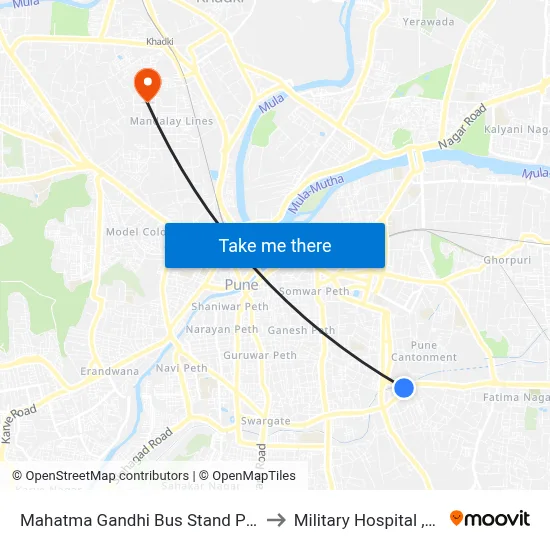 महात्मा गांधी बस स्टैंड पुलगेट to मिलिट्री अस्पताल, पुणे map