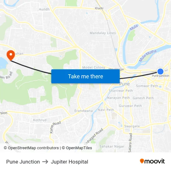 Pune Junction to Jupiter Hospital map