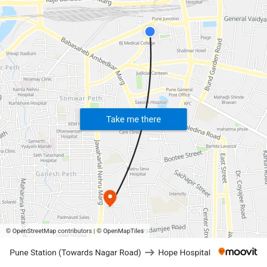 पुणे स्टेशन (नगर रोड की ओर) to होप अस्पताल map