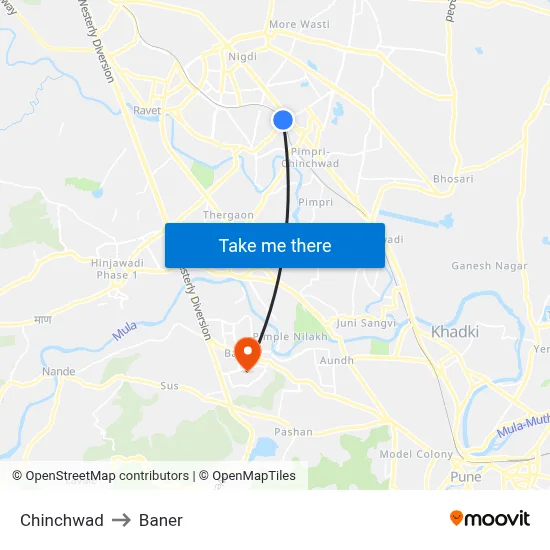 Chinchwad to Baner map