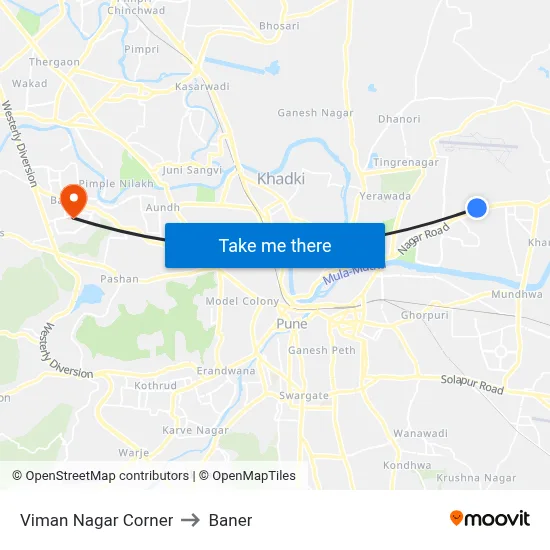 Viman Nagar Corner to Baner map
