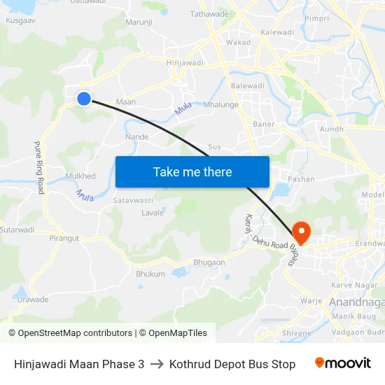 हिंजवाड़ी मान फेज 3 to कोथरुड डिपो बस स्टॉप map