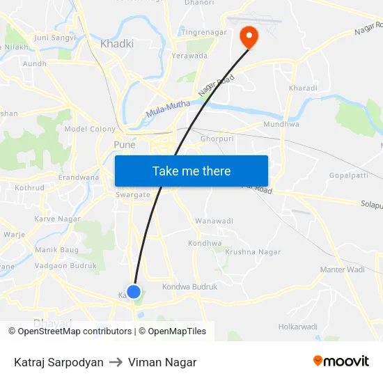कात्रज सर्पोद्यान to विमान नगर map