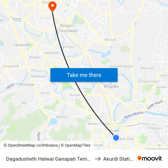 दगडूशेठ हलवाई गणपति मंदिर to अकुर्डी स्टेशन map