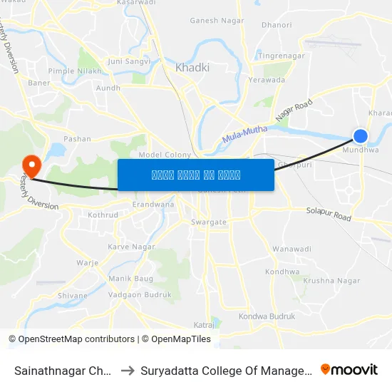 साईनाथनगर चौक to सूर्यदत्ता प्रबंधन महाविद्यालय map