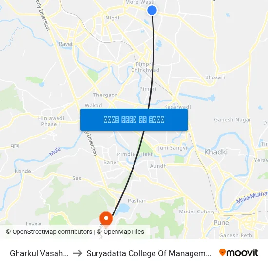 घरकुल वसाहत to सूर्यदत्ता प्रबंधन महाविद्यालय map