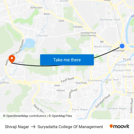 शिवाजी नगर to सूर्यदत्ता प्रबंधन महाविद्यालय map