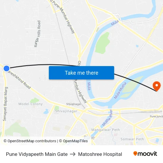 पुणे विद्यापीठ मुख्य द्वार to मातोश्री अस्पताल map