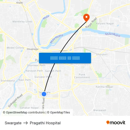 स्वारगेट to प्रगति अस्पताल map